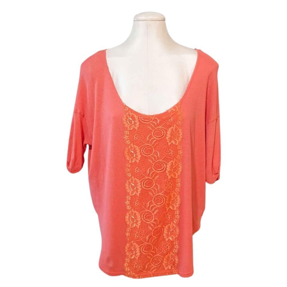 Free People Oversized Coral Orange Lacy Top size Small